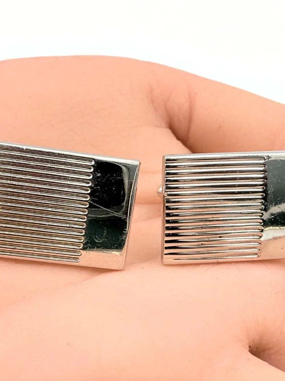 Swank Signed MCM Art Deco Corrugated Texture Silver Plate Cufflinks